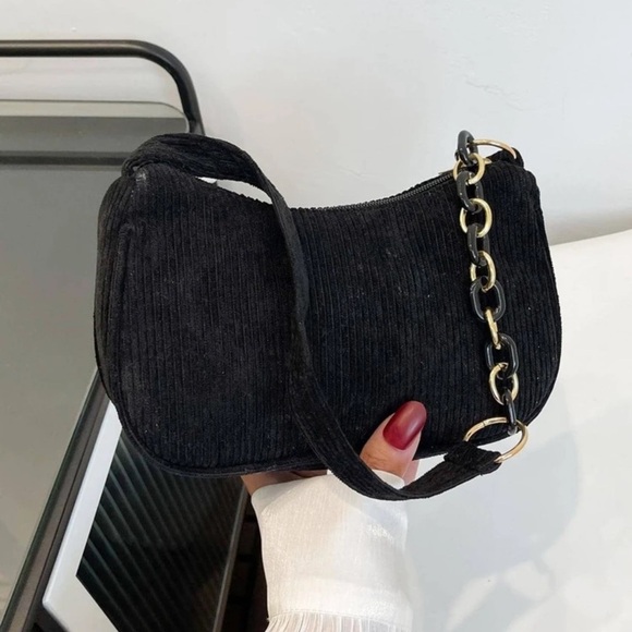 Handbags - Black Corduroy Velvet Shoulder Bag withChain Strap Detail + Gold Hardware